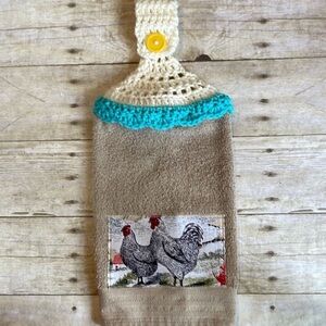 Chicken Appliqué Crochet Top Hanging Towel Single Thickness Turquoise Accents